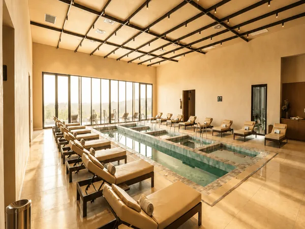 Espaço do spa com piscina interna, espreguiçadeiras e pé-direito alto