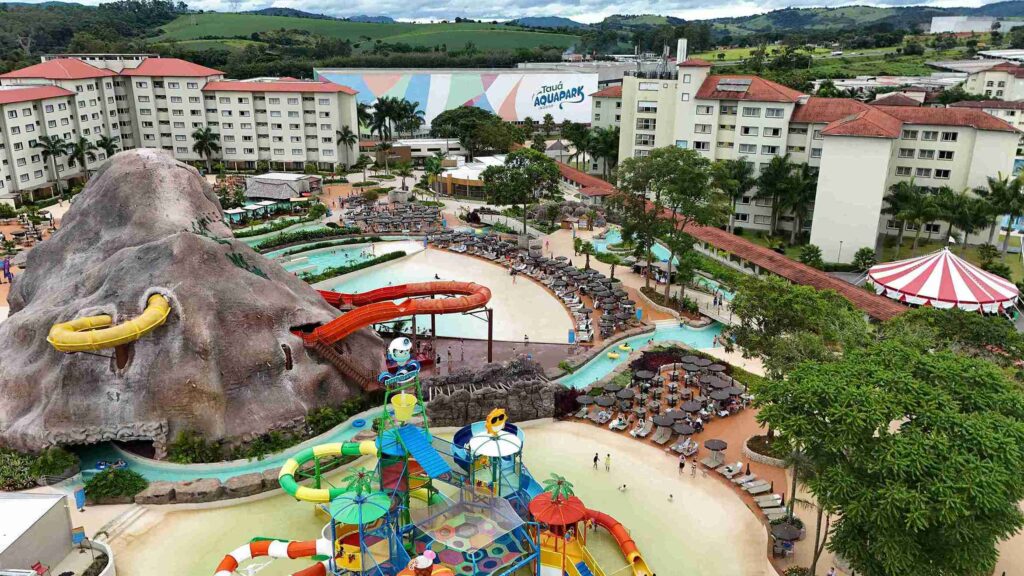 Imagem mostra a Ilha Tauá em primeiro plano o aquapark indoor em ultimo e ao redor os prédios de apartamento do Tauá Resort Atibaia.