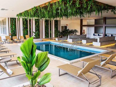 ambiente com piscina interna aquecida, com espreguiçadeiras ao redor, decoração com jardim suspenso e uma pequena palmeira.